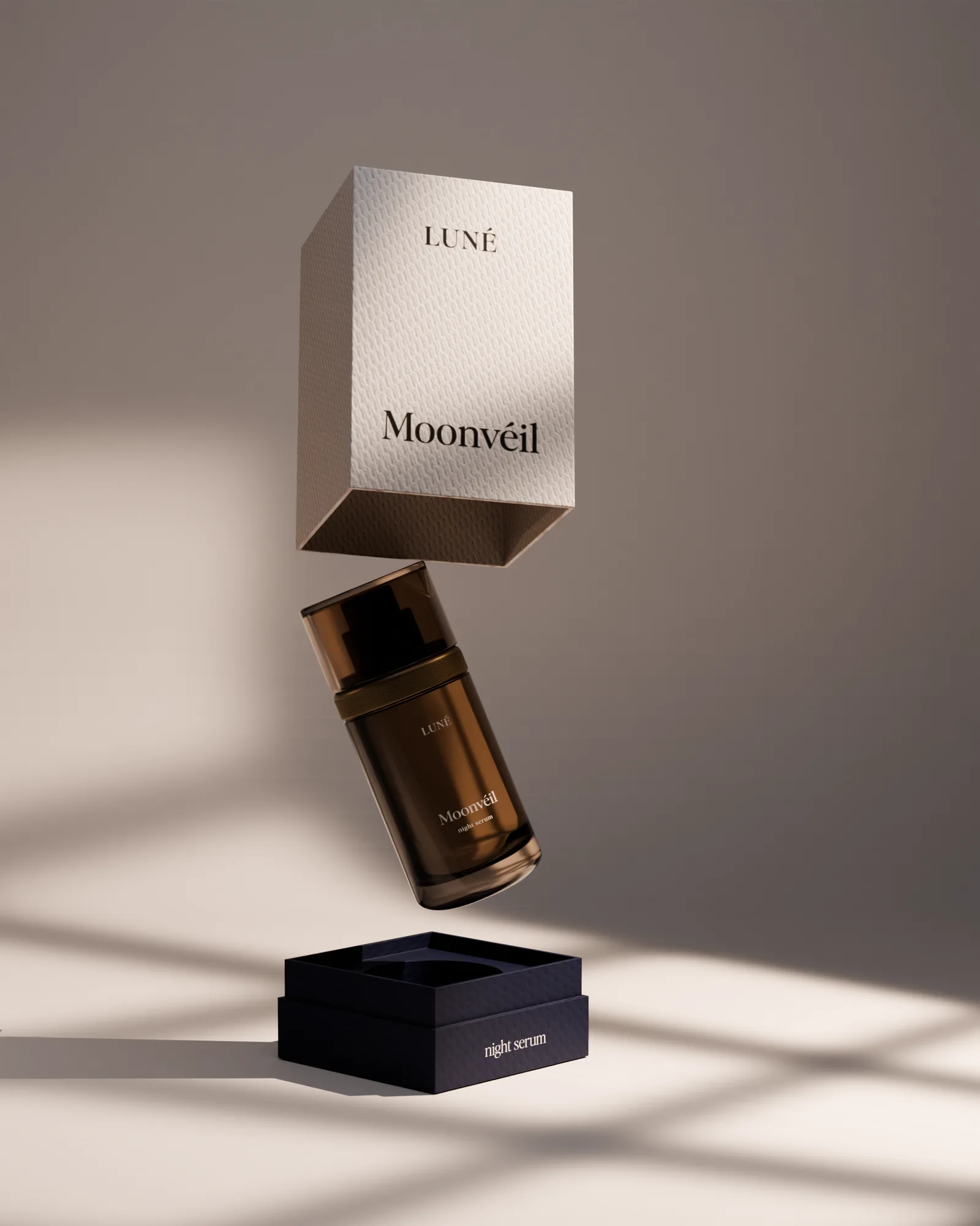 Serum bottle floating between its box and lid