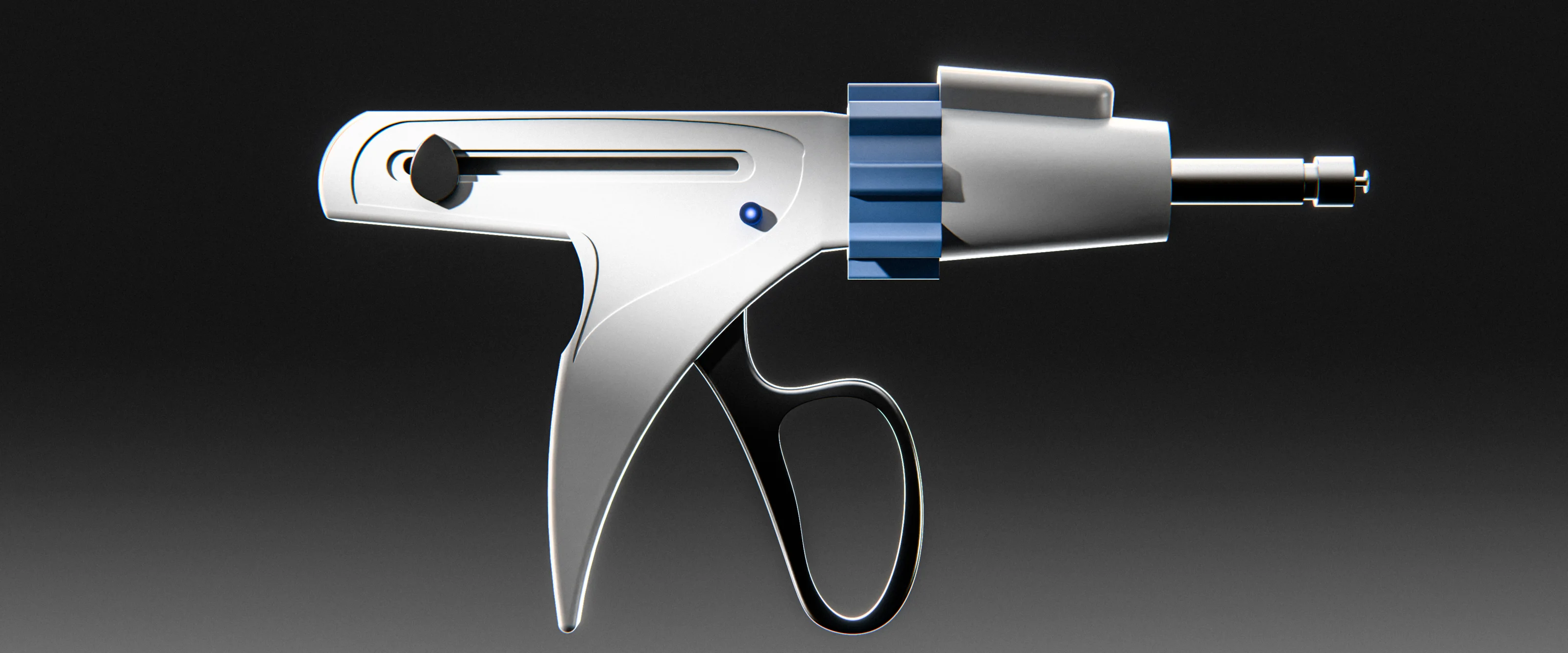 Photorealistic render of a laparoscopic instrument with a blue collar, side view