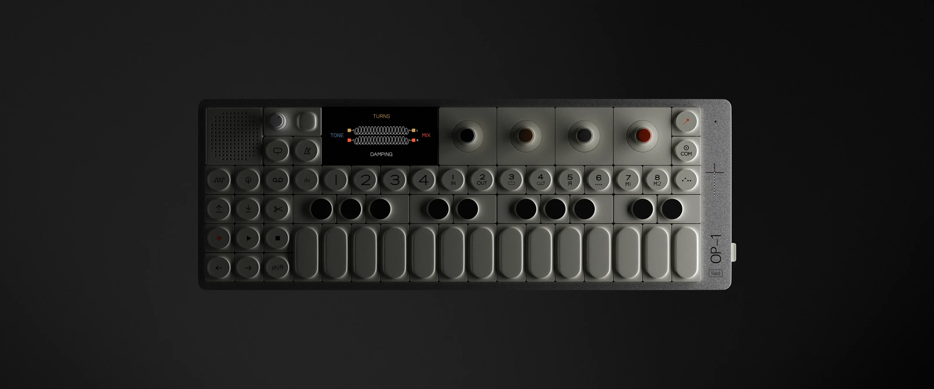 Photorealistic render of a compact synthesizer seen from above