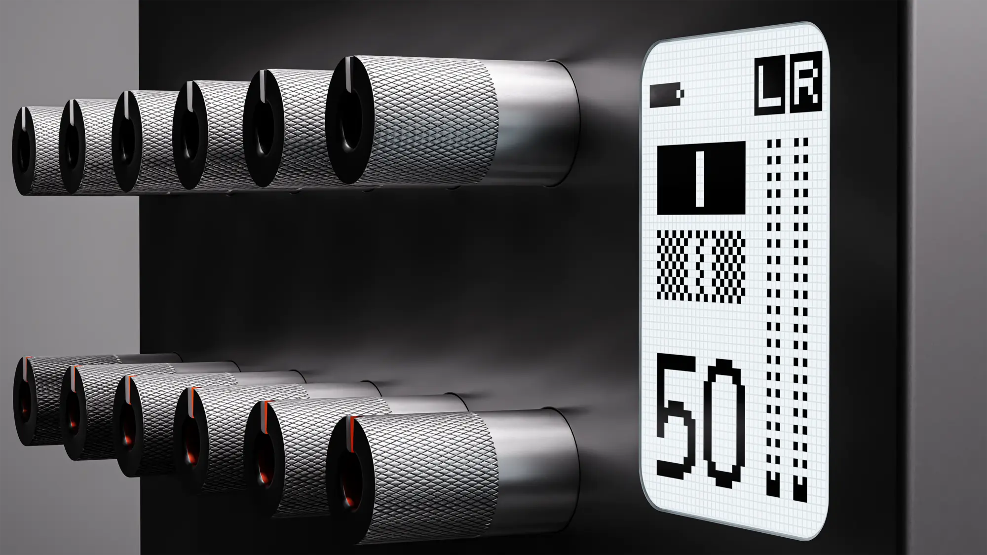 Knurled knobs next to a small display