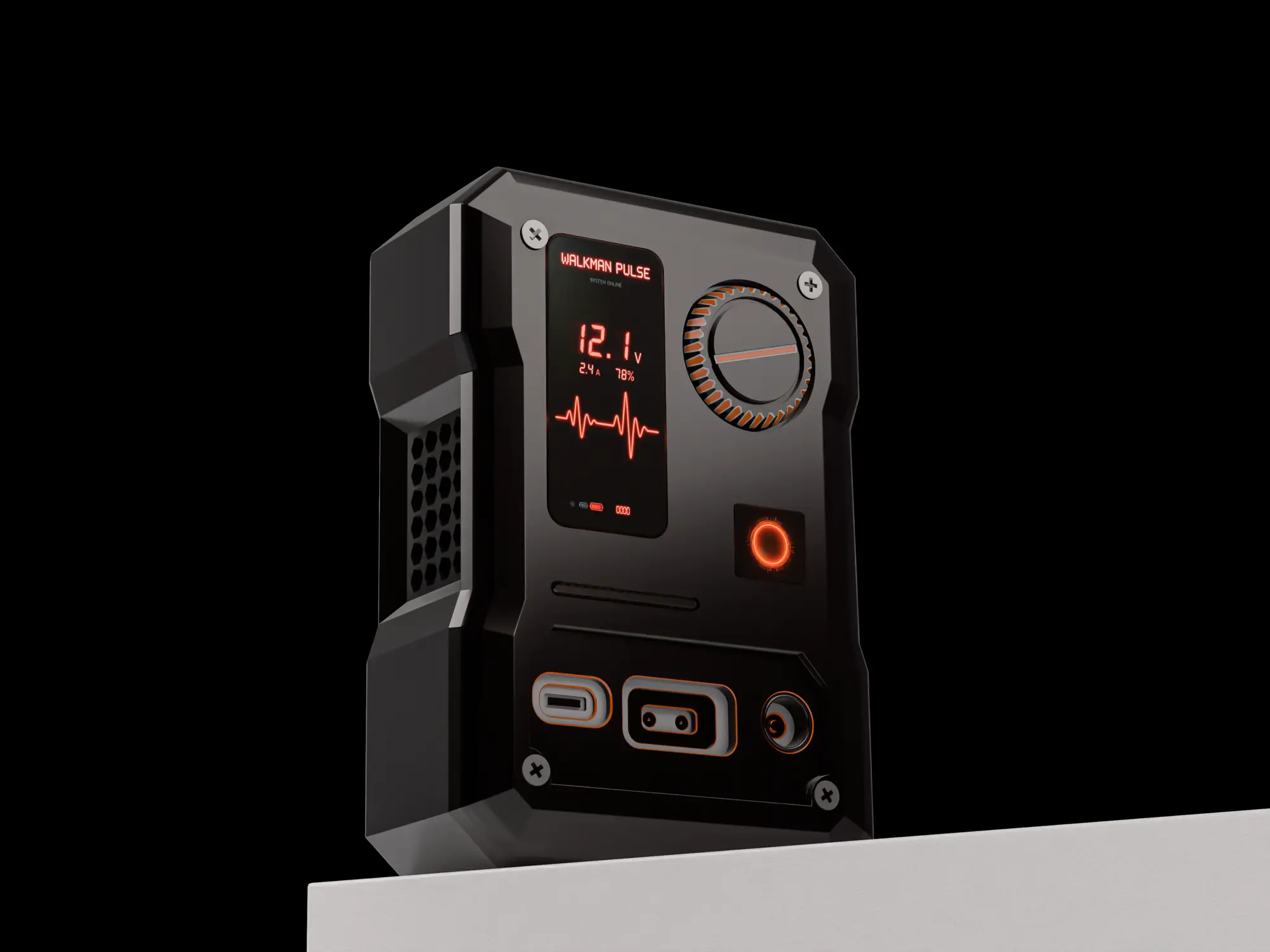 Portable device on a pale block against a black backdrop